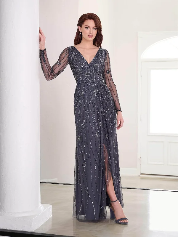 Adrianna Papell Platinum 40454 - Sheer Long Sleeve Beaded Evening Gown