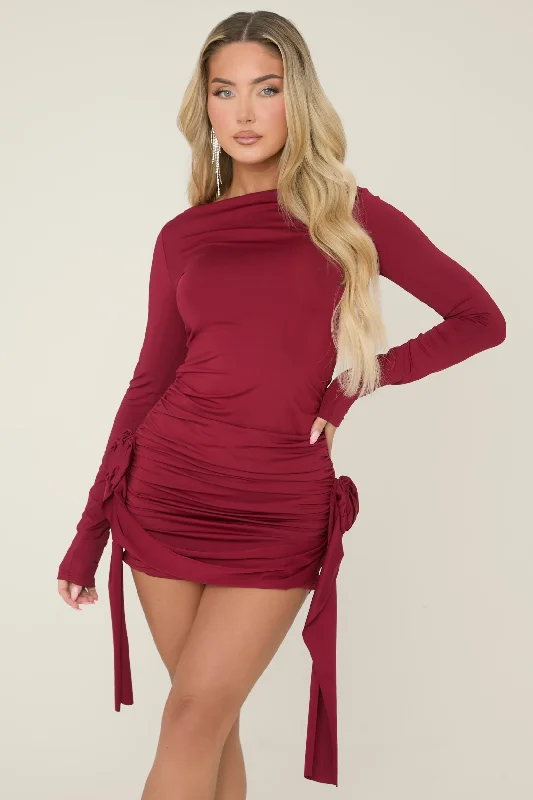 Wine Rose Detail Drape Mini Dress - Sara