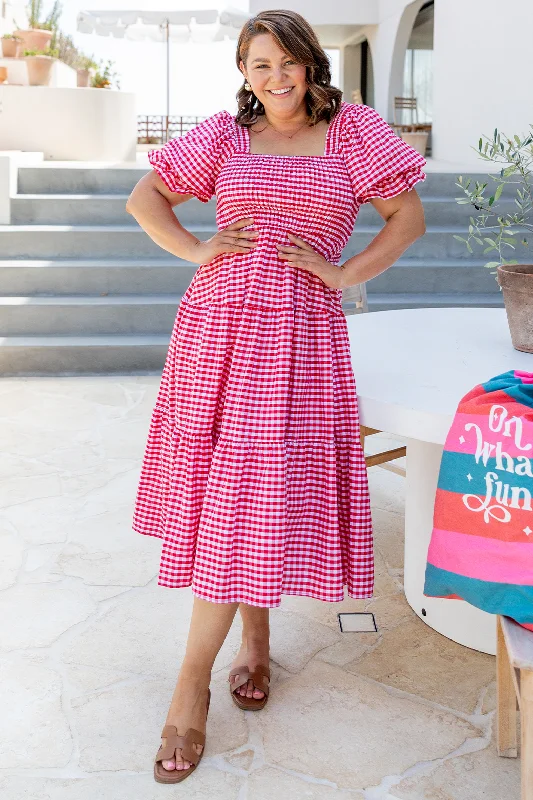 Farrah Puff Sleeve Midi Dress Red Gingham