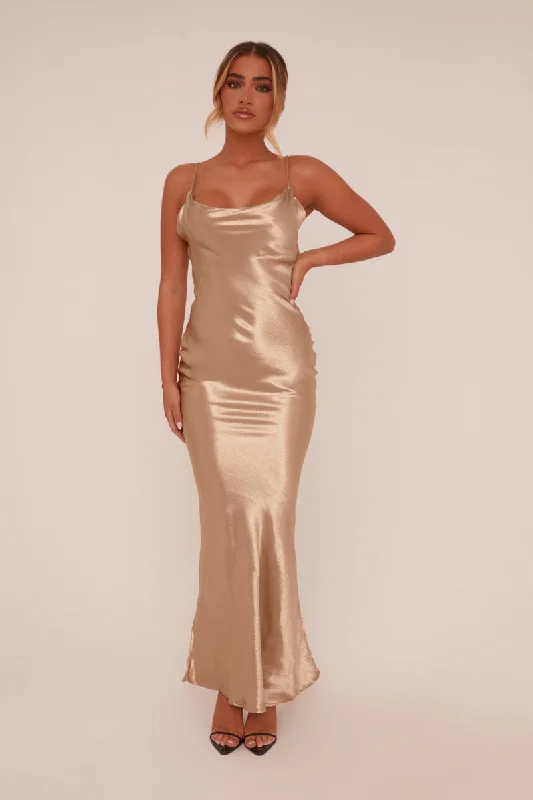 Gold Satin Cowl Neck Maxi Dress - Jesi