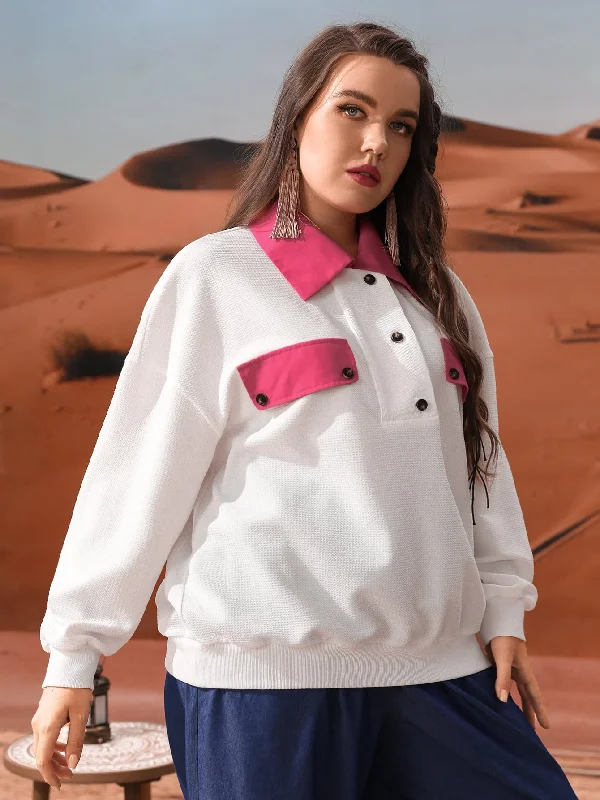 Colorblock Button Long Sleeve Collar Regular Plus Size Sweatshirt