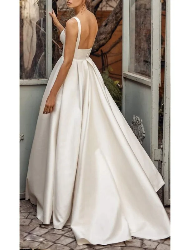 Vintage Wedding Dresses Square Neck Sleeveless Natural Waist Satin Fabric Court Train Sash Bridal Dress