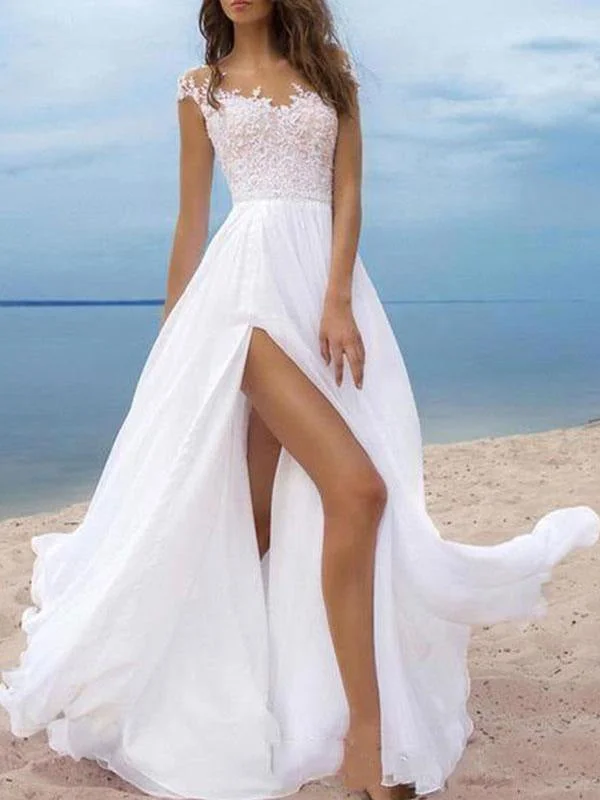 Boho Wedding Dresses 2021 Chiffon V Neck Short Sleeves A Line Split Front Bridal Dresses For Beach Wedding