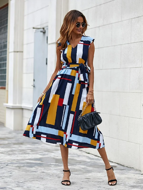 Colorblock Sleeveless V Neck Flared High Waist Midi Dress