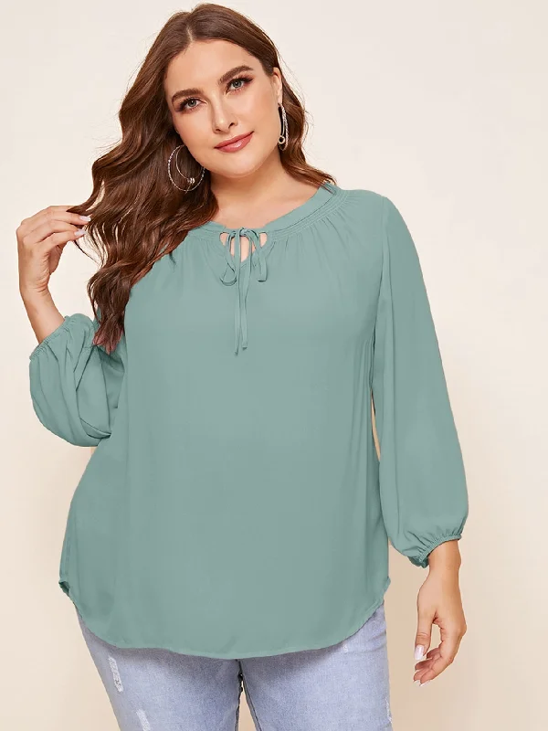 Plain Long Sleeve Tie Neck Regular Plus Blouse