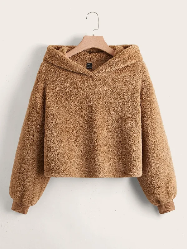 Casual Plain Long Sleeve Hooded Crop Women Sweatshirt