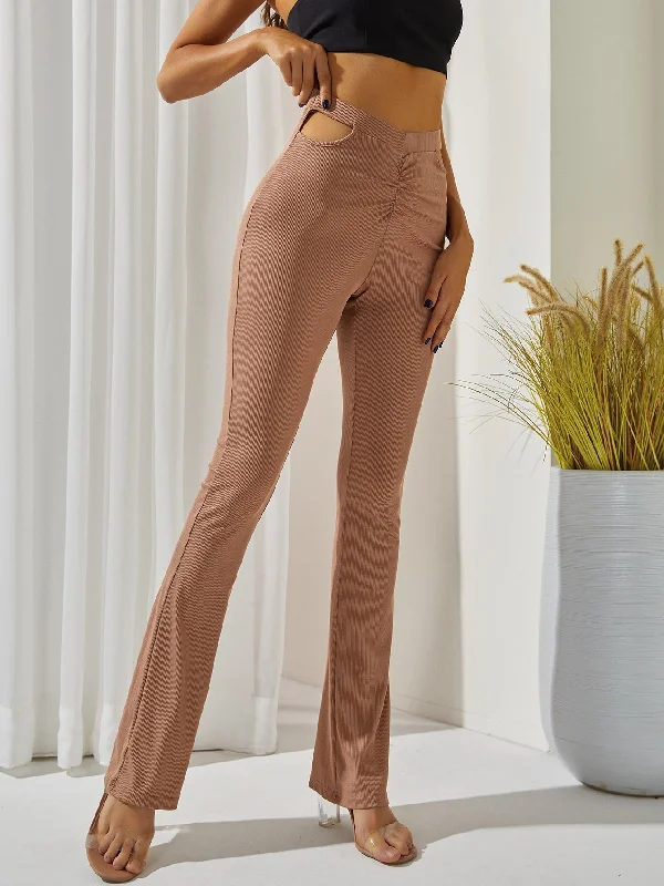 Casual Plain Rib-Knit High Waist Long Women Pants