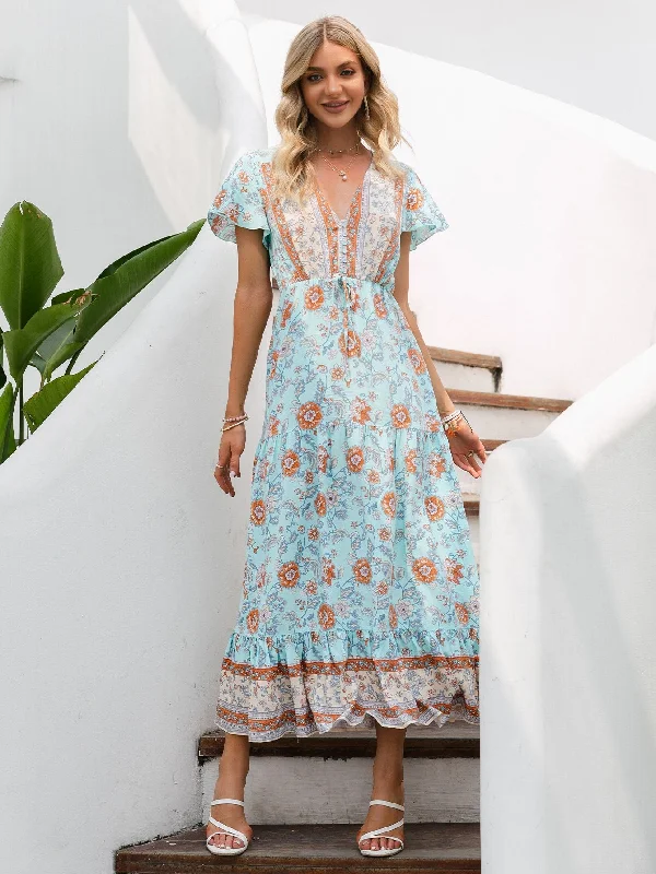 Floral Button Front Short Sleeve V Neck Flounce High Waist Maxi Dress