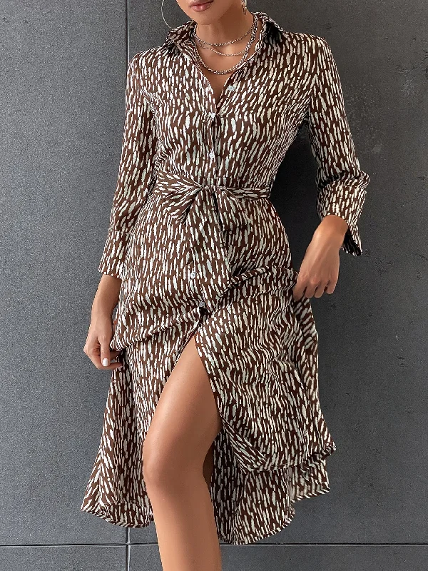 All Over Print Button Front Three Quarter Length Sleeve Collar Slit High Waist Midi Dress