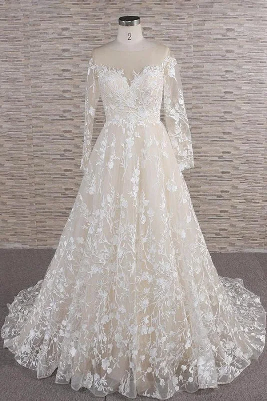 Illusion Long Sleeve Applqiues Tulle Wedding Dress