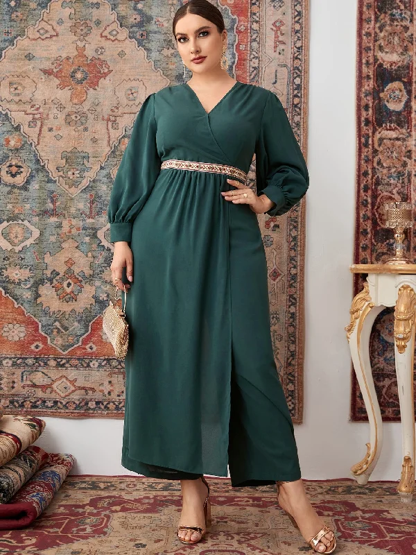 Plain Embroidery Long Sleeve V Neck Long Plus Size Jumpsuit