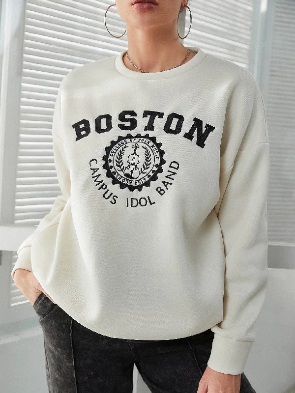 Casual Letter Embroidery Long Sleeve Round Neck Regular Women Sweatshirt