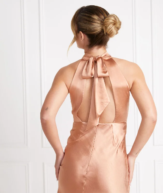 Halter Neck Satin Bridesmaid Dress - Burnt Peach