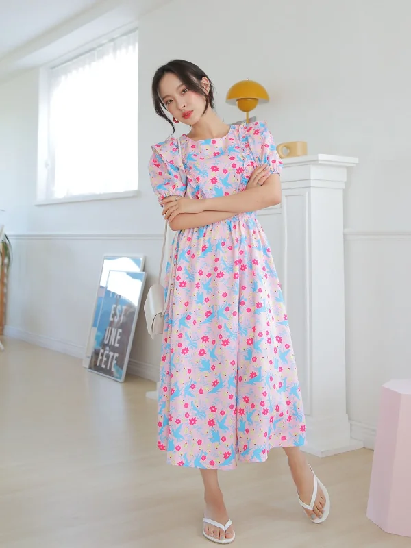 Cartoon Ruffle Short Sleeve Round Neck Flared High Waist Long Dress