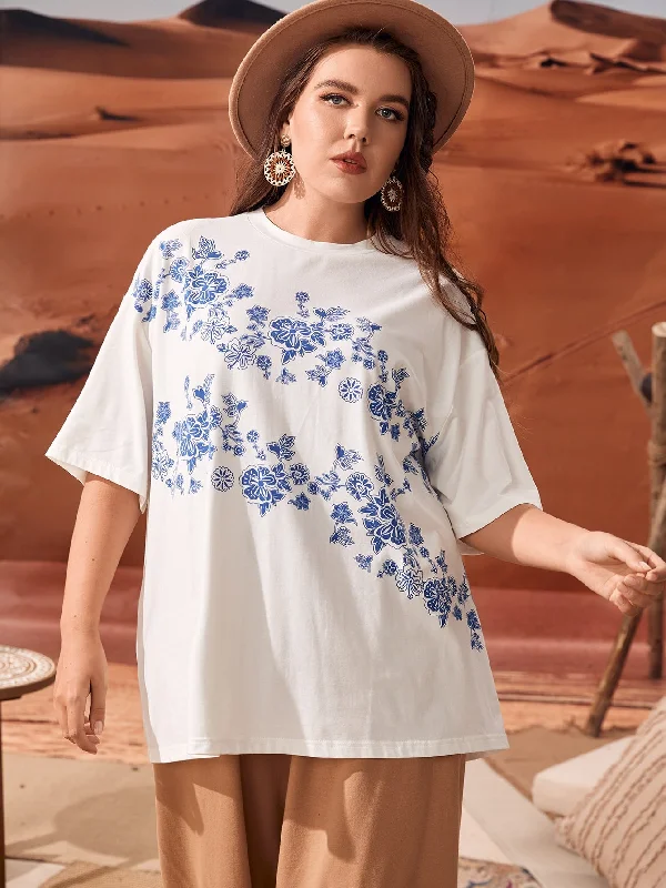 Floral Short Sleeve Round Neck Regular Plus Size T-Shirt