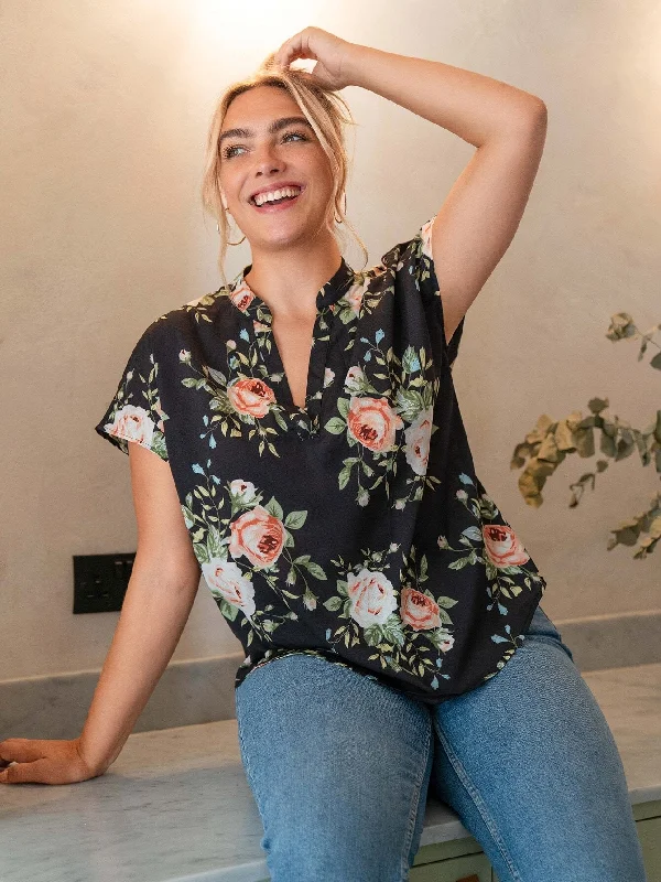 Floral High Low Short Sleeve Notched Regular Plus Size Blouse