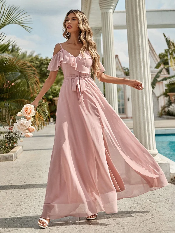 Plain Zipper Short Sleeve Cold Shoulder Flared High Waist Maxi Dress