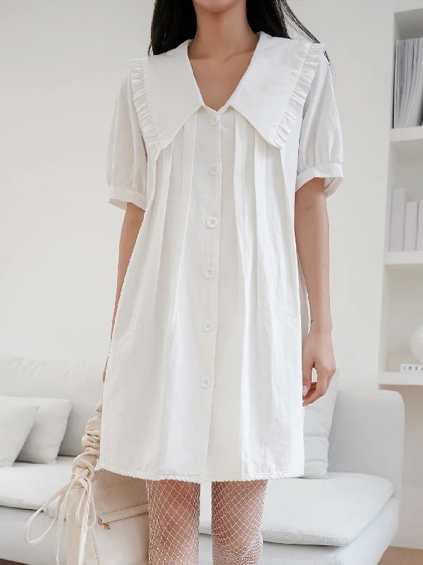 Plain Button Front Short Sleeve Peter Pan Collar Straight Natural Short Dress