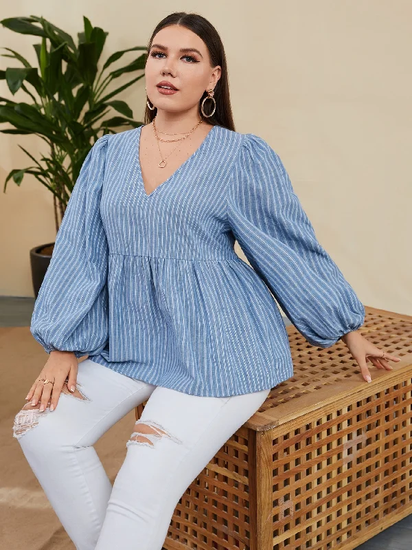 Striped Ruffle Hem Long Sleeve V Neck Flared Regular Plus Size Blouse