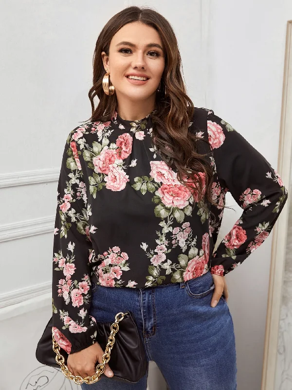 Floral Long Sleeve Stand Collar Regular Plus Size Blouse