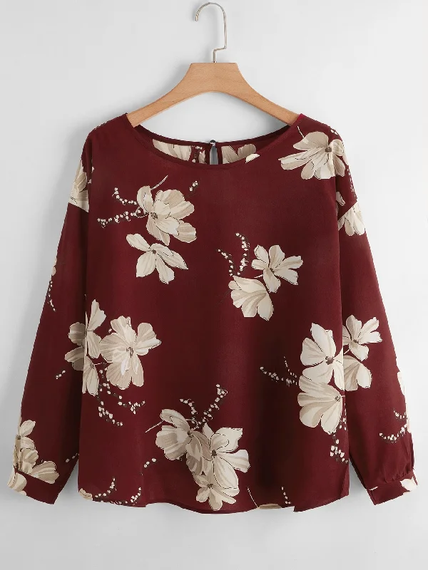 Floral Button Long Sleeve Round Neck Regular Plus Size Blouse