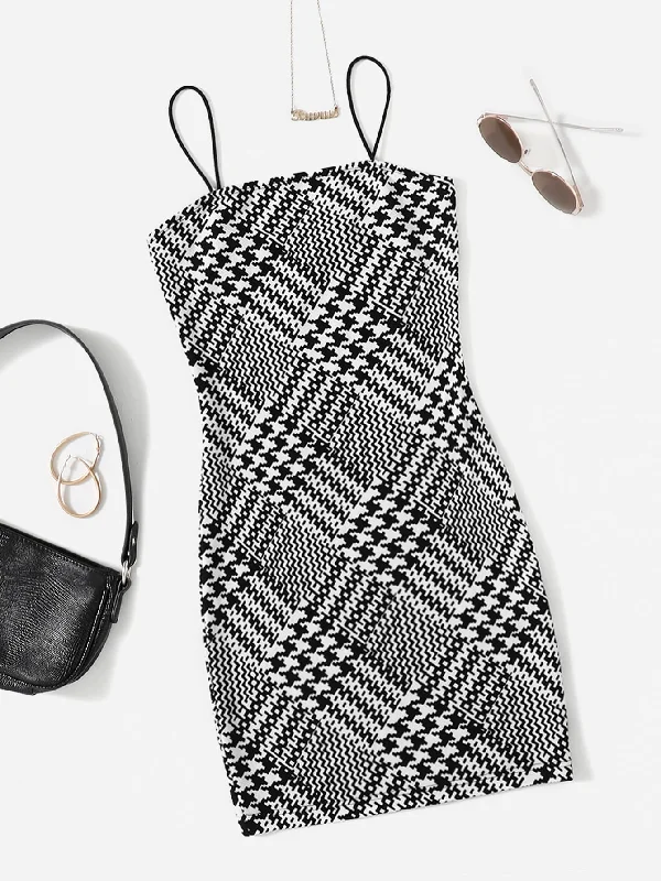 Houndstooth Sleeveless Spaghetti Strap Pencil Natural Mini Dress