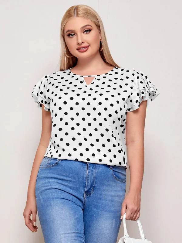 Polka Dot Tiered Layer Cap Sleeve Keyhole Neckline Regular Plus Size Blouse