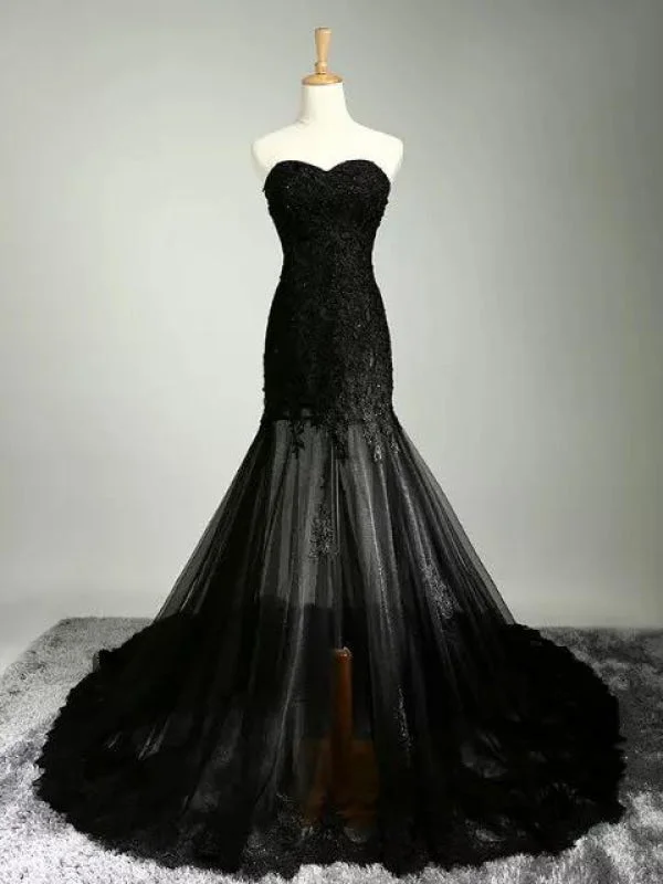 Black Lace Applique Wedding Dress Lace Up Bridal Gown