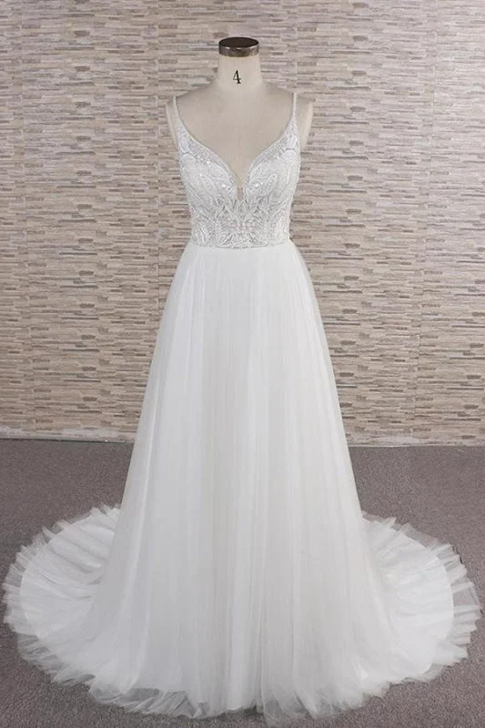 Chic Spaghetti Strap Appliques Tulle Wedding Dress