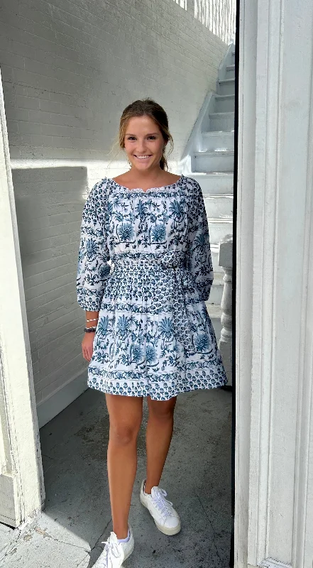 Faye Belted Dress Blue and White Floral