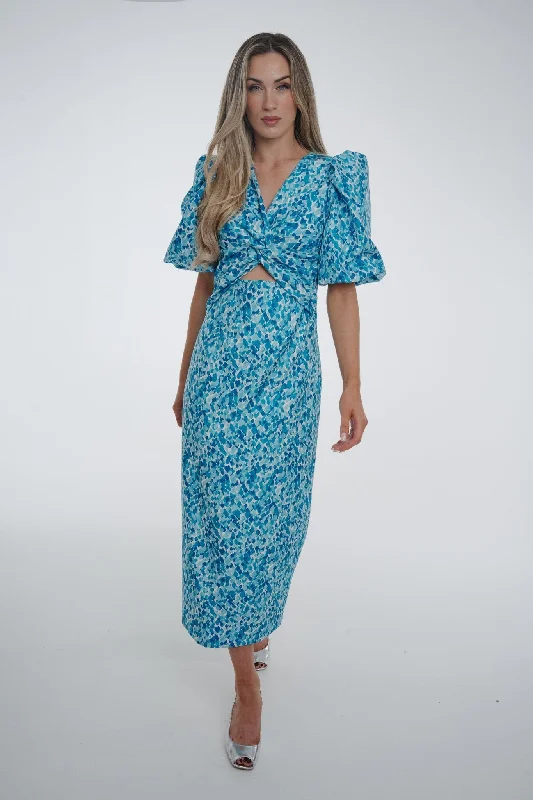 Eva Twist Front Dress In Turquoise Print