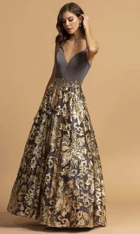 Aspeed Design - L2245 Sleeveless Gold Sequin Appliqued Dress