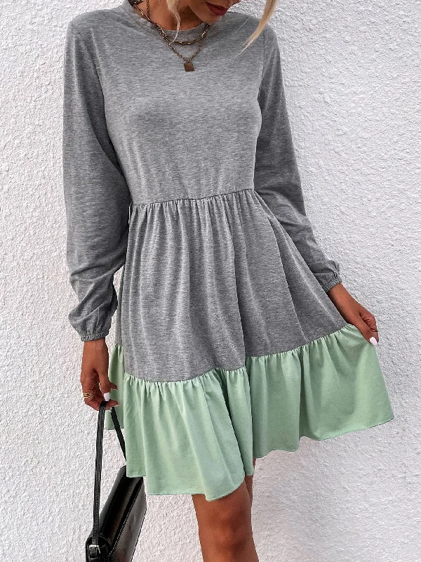 Colorblock Ruffle Hem Long Sleeve Round Neck Flounce High Waist Short Dress