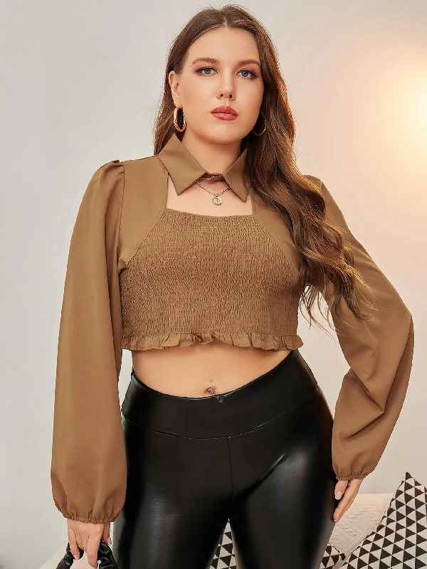 Plain Shirred Long Sleeve Collar Crop Plus Size Blouse