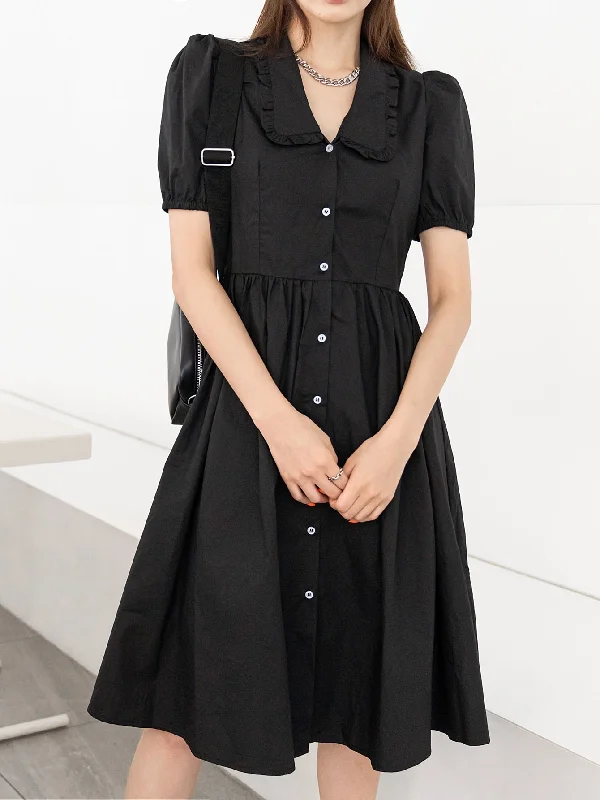 Plain Button Front Short Sleeve Peter Pan Collar Flared High Waist Knee Length Dress