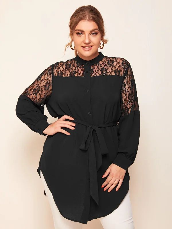 Plain Contrast Lace Long Sleeve Stand Collar Long Plus Size Blouse