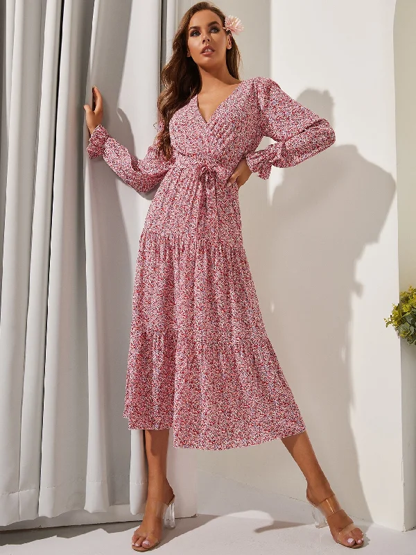 Ditsy Floral Belted Long Sleeve V Neck Flounce High Waist Long Dress