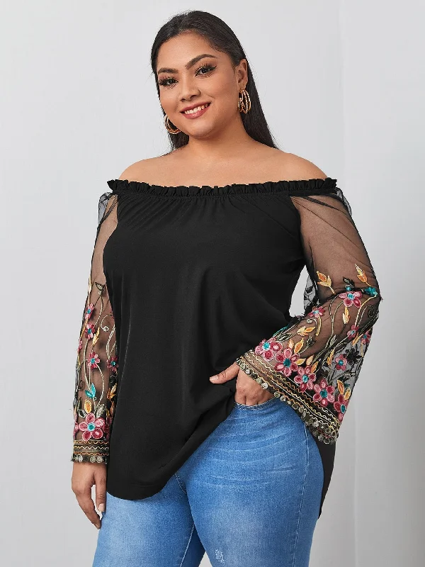 Floral Frill Long Sleeve Off The Shoulder Long Plus Size Blouse