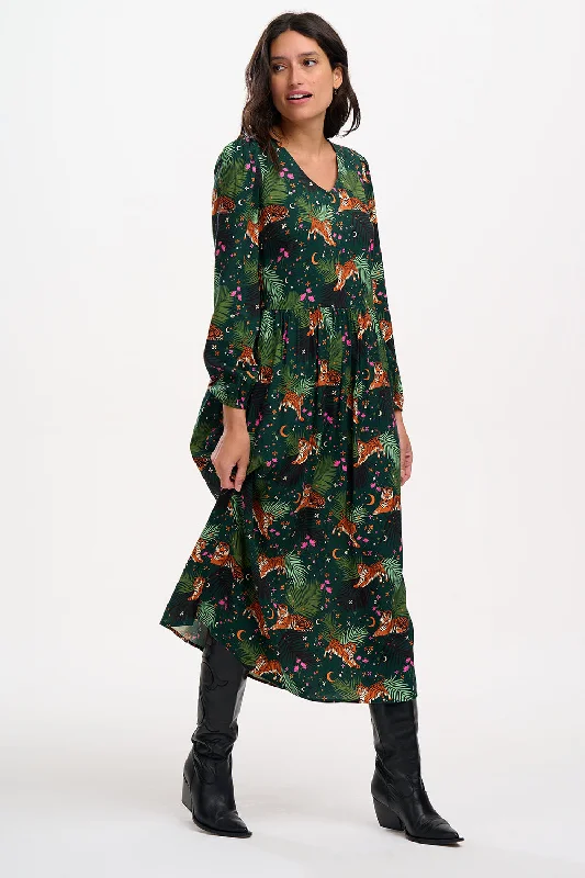 Sidney Midi Smock Dress - Dark Green, Tigers & Palms