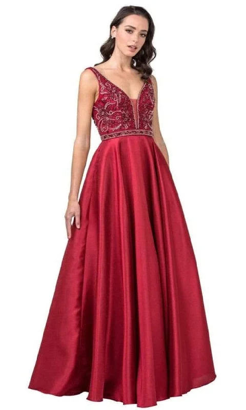 Aspeed Design - L2183 Beaded V-Neck Satin A-Line Dress