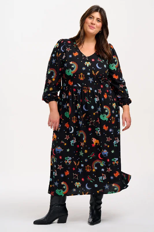 Sidney Midi Smock Dress - Black, Zodiac Rainbow Skies