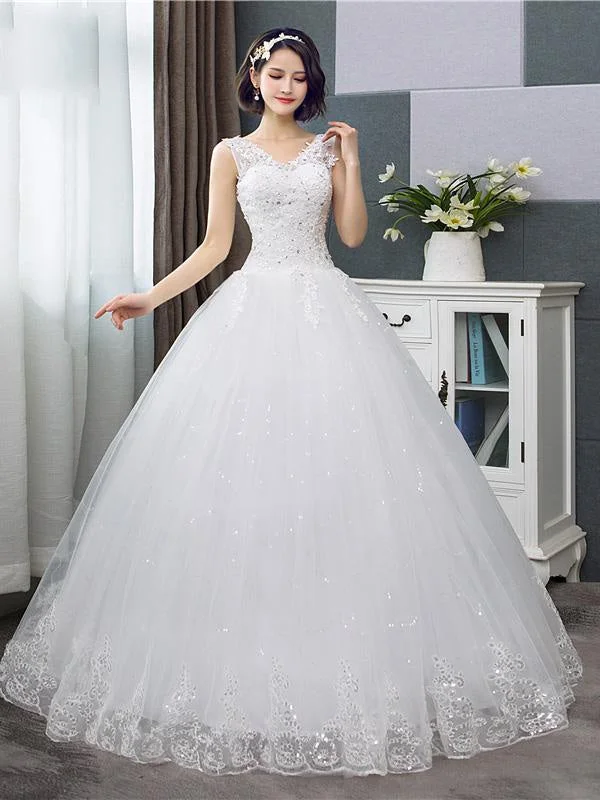 V-Neck Lace Tank Sleeveless Floral Print Ball Gown Wedding Dress