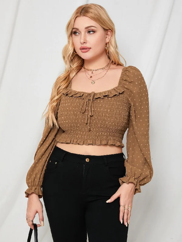 Plain Tie Front Long Sleeve Square Neck Crop Plus Size Blouse