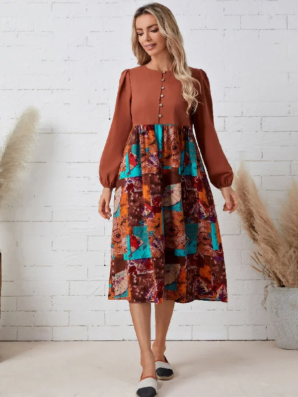 Patchwork Button Front Long Sleeve Round Neck Flared High Waist Midi Dress