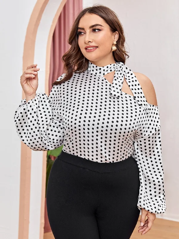 Polka Dot Long Sleeve Tie Neck Regular Plus Blouse