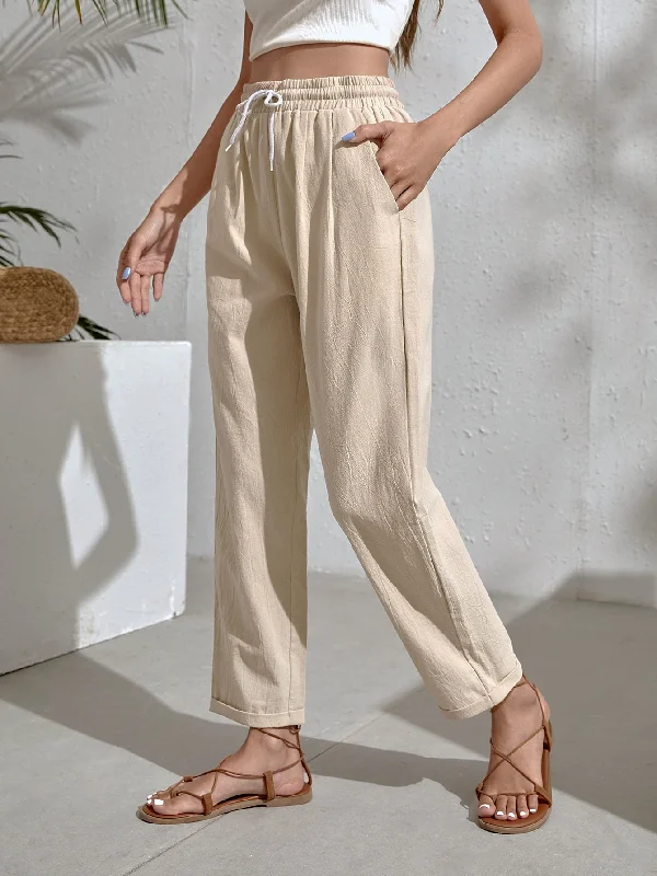 Casual Plain Drawstring High Waist Long Women Pants