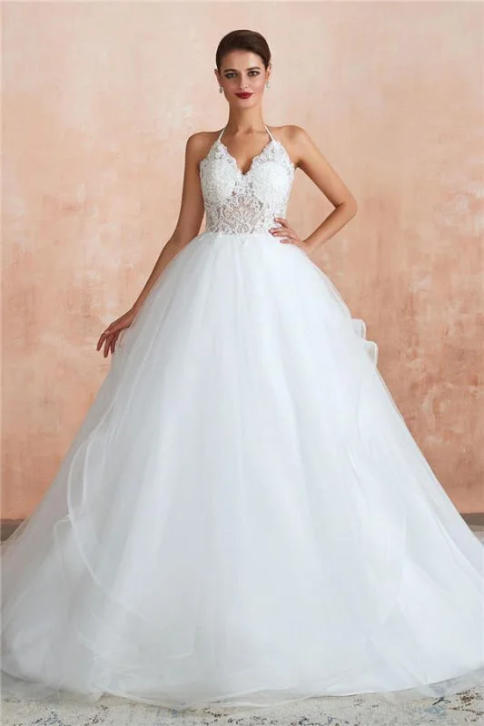 Halter Open Back Appliques Tulle Wedding Dress