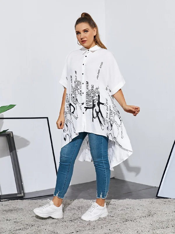 Letter Button Front Half Sleeve Collar Asymmetrical Long Plus Size Blouse