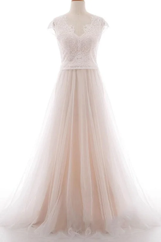 Graceful V-neck Lace Tulle A-line Wedding Dress