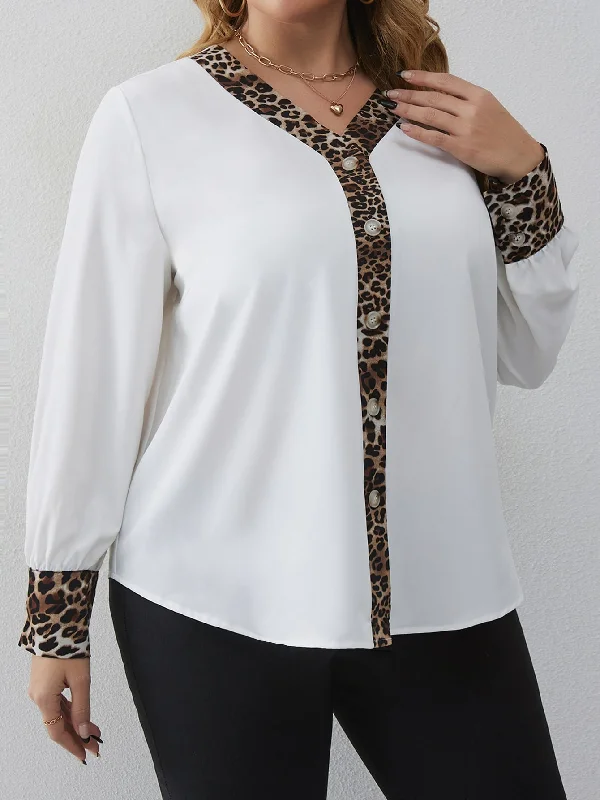 Leopard Button Front Long Sleeve V Neck Semi-Sheer Regular Plus Size Blouse